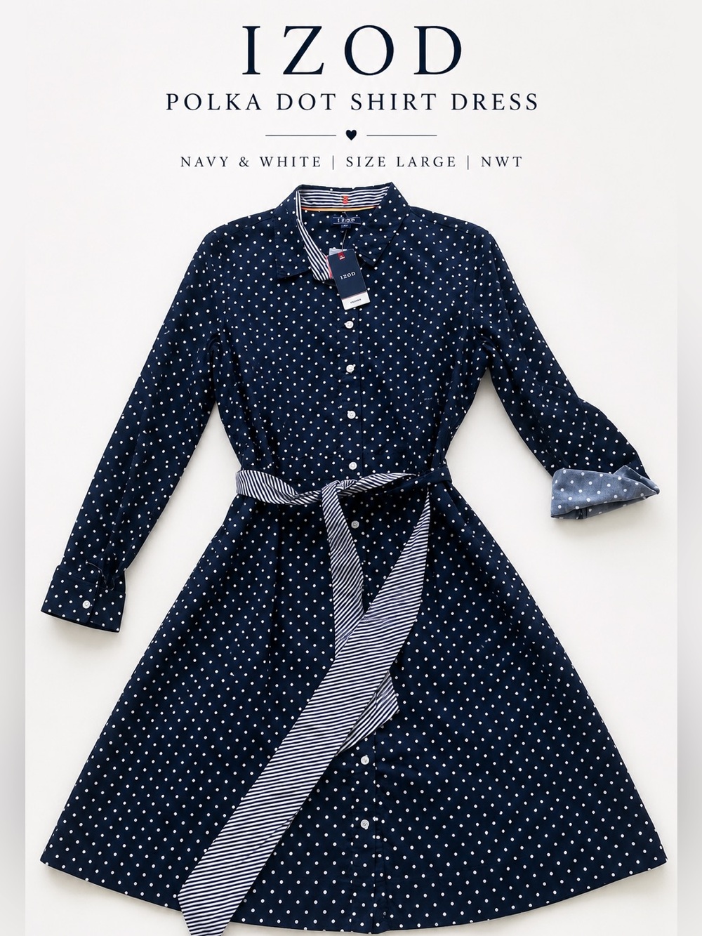 IZOD Navy Polka Dot Shirt Dress Belted Cotton Midi Fit & Flare NWT L